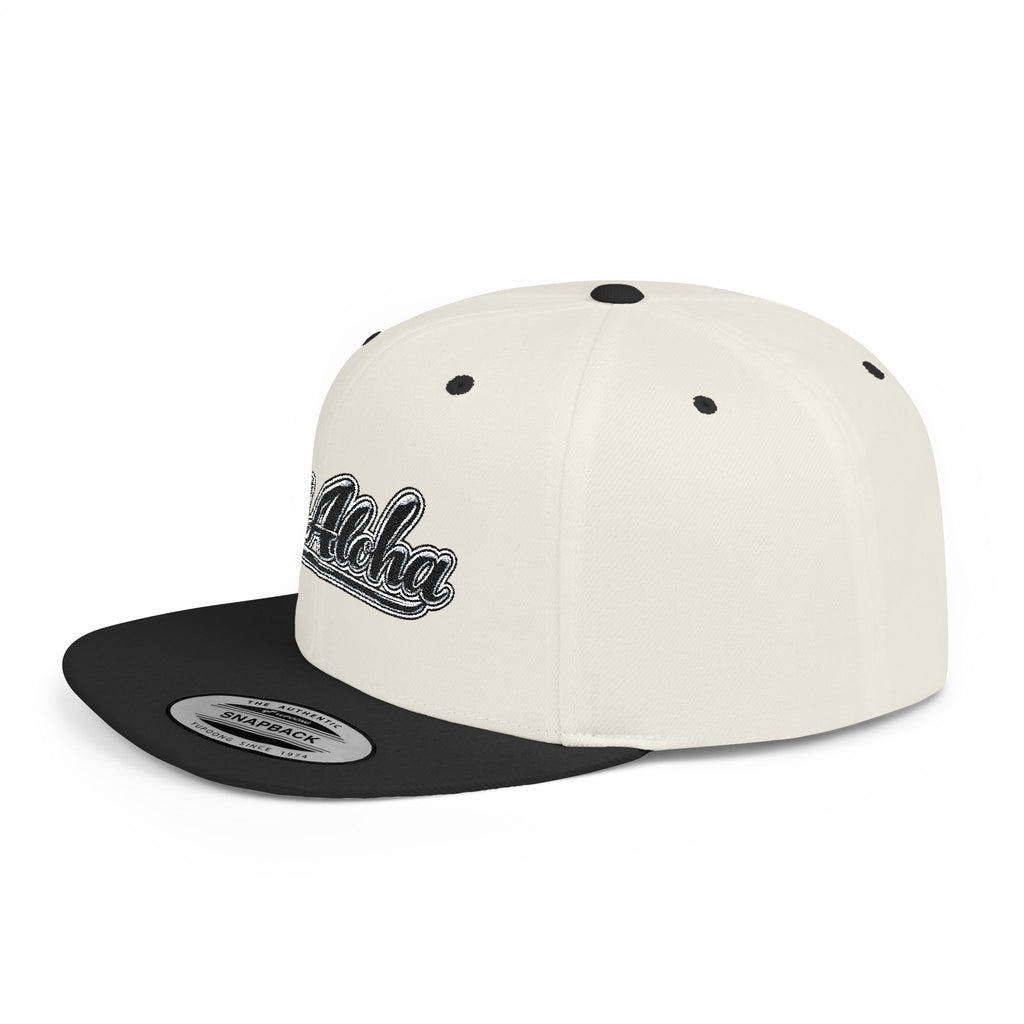 Aloha Script Flat Bill Snapback Hat — White Casual Hawaiian Trucker Cap