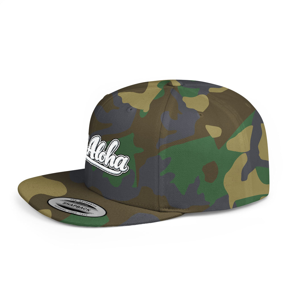 Camo Flat Bill Snapback Hat — 'All Aloha' Embroidered Trucker Cap