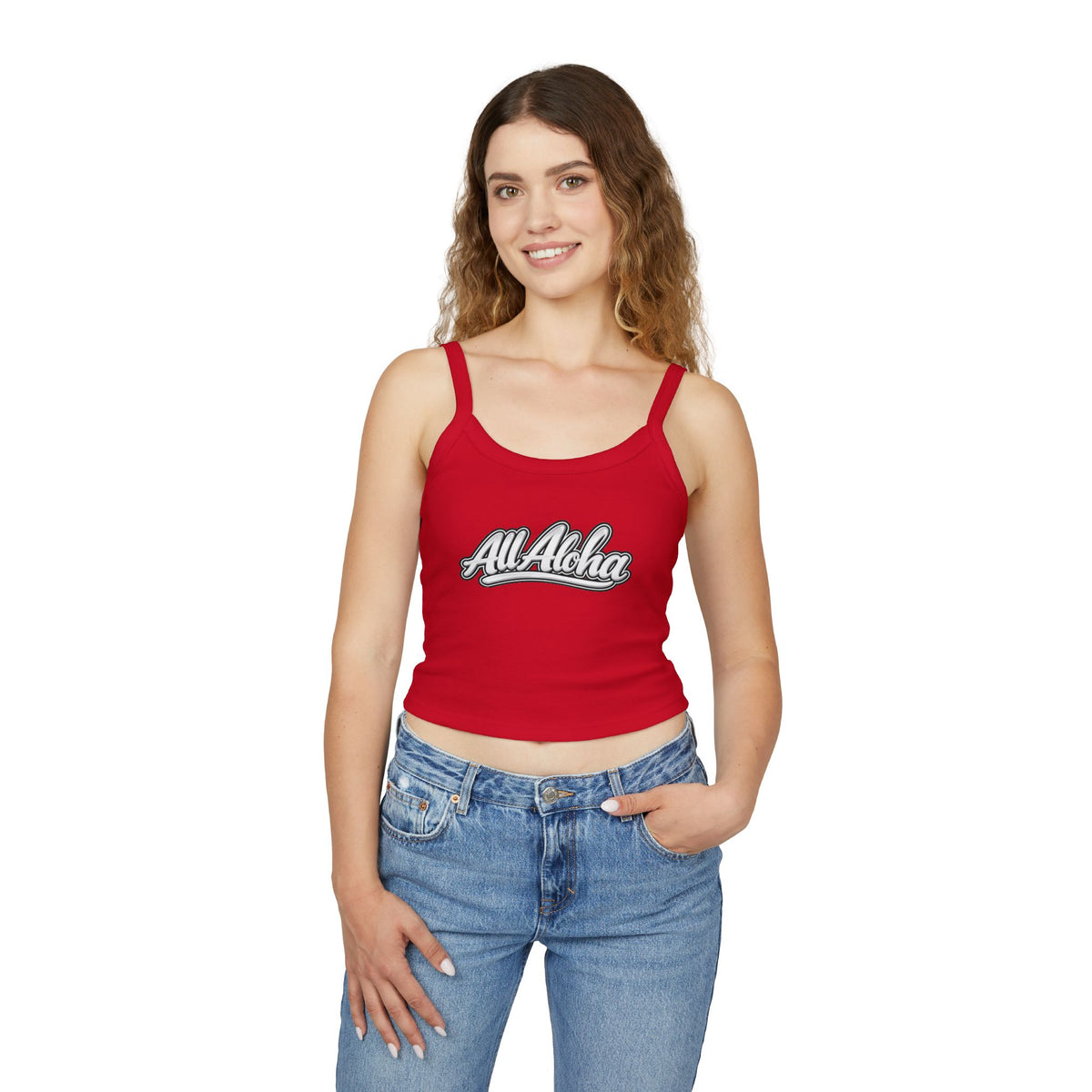 All Aloha Women's Spaghetti Strap Tank Top — Tropical Vintage Script Crop