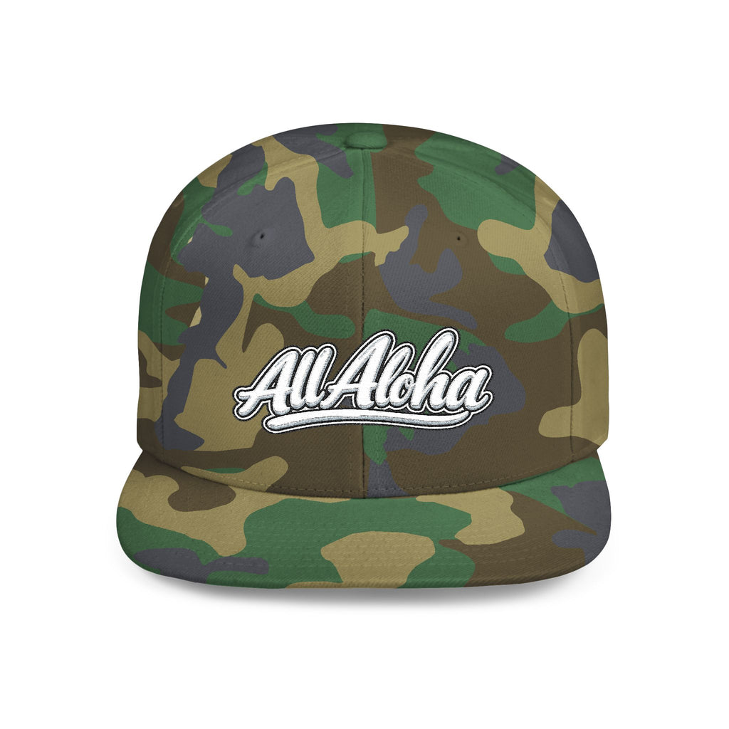 Camo Flat Bill Snapback Hat — 'All Aloha' Embroidered Trucker Cap