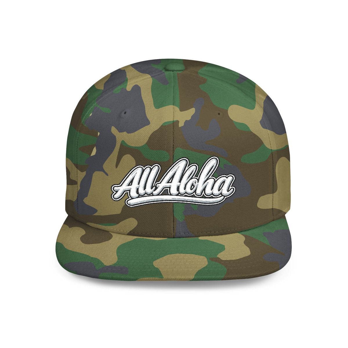 Camo Flat Bill Snapback Hat — 'All Aloha' Embroidered Trucker Cap