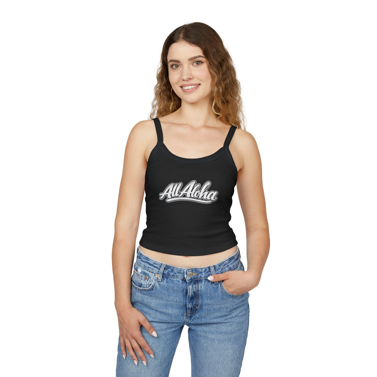 All Aloha Women's Spaghetti Strap Tank Top — Tropical Vintage Script Crop