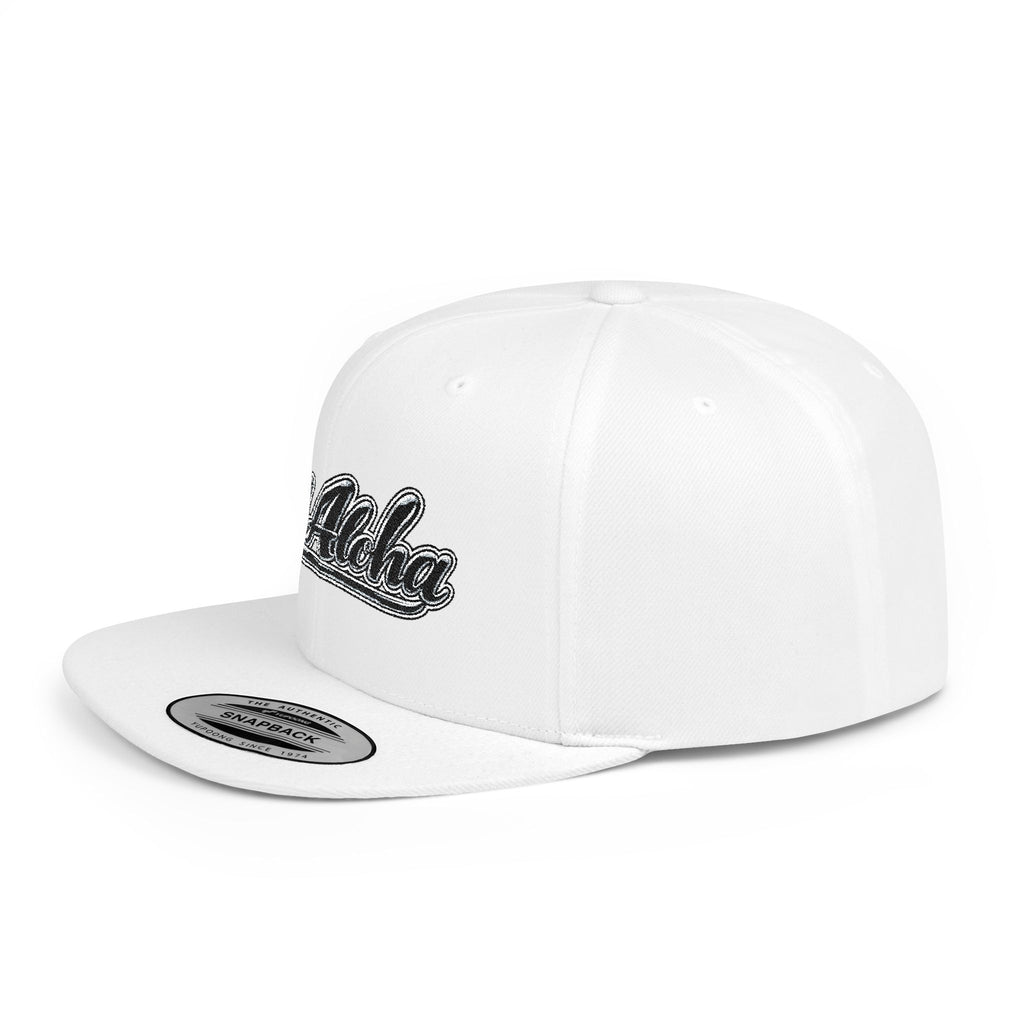Aloha Script Flat Bill Snapback Hat — White Casual Hawaiian Trucker Cap