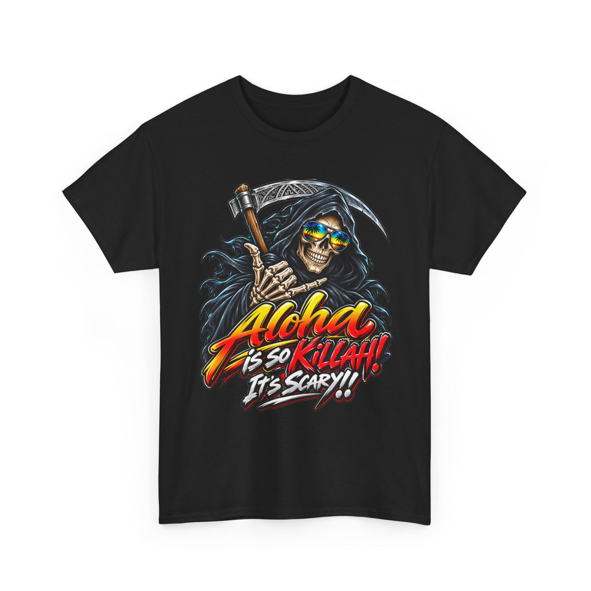 Aloha Is So Killah! Grim Reaper Hawaiian Tee — Skull Surf Scary Graphic T-Shirt