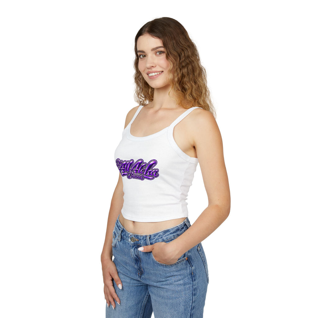 Spaghetti Tank Top — "All Aloha" Purple Script Crop Tank