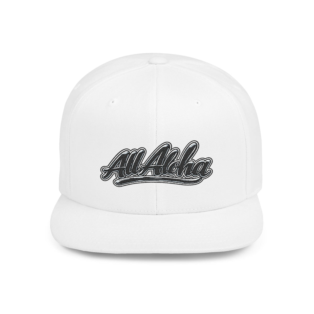 Aloha Script Flat Bill Snapback Hat — White Casual Hawaiian Trucker Cap