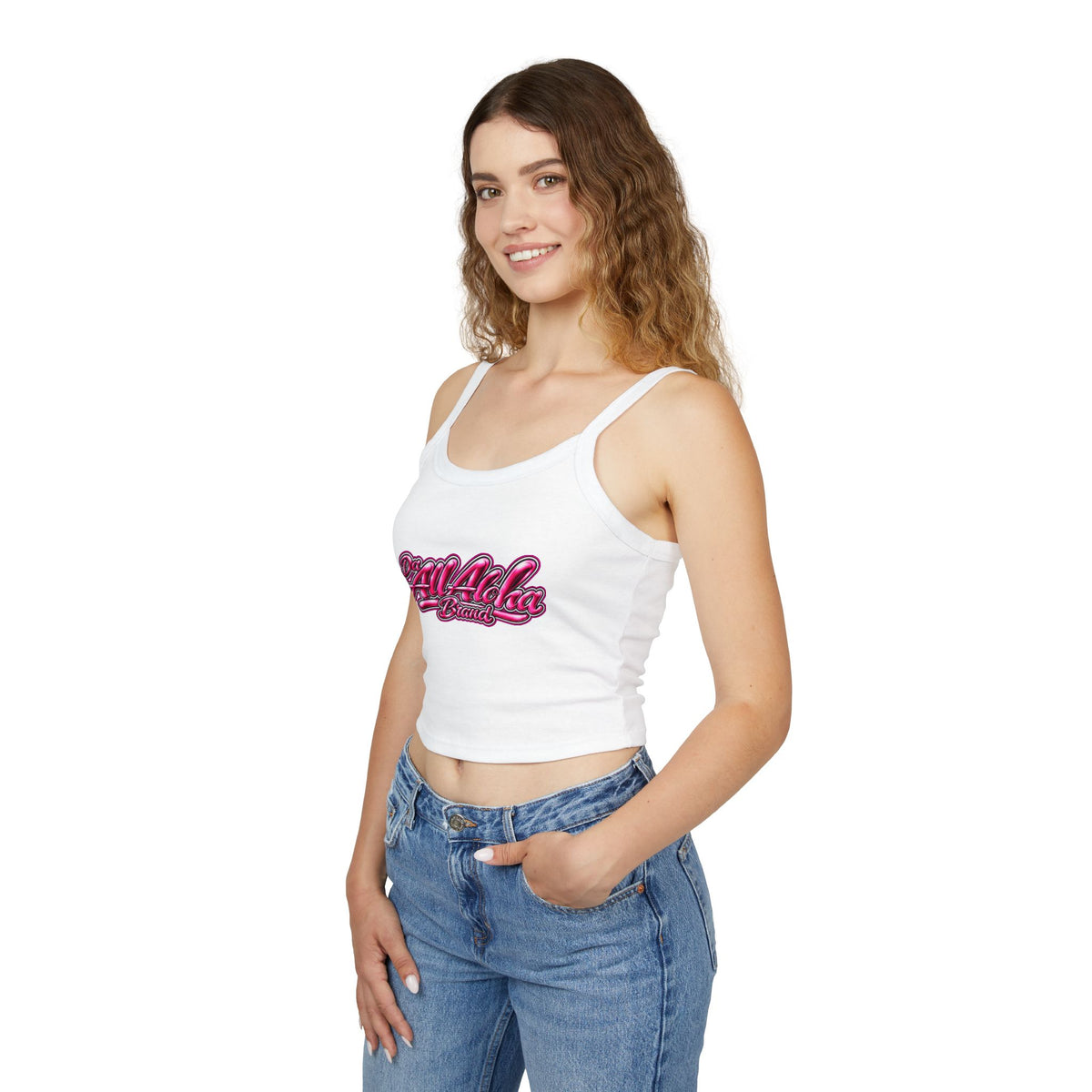 Aloha Script Crop Tank Top — Pink Retro Beach Vibe