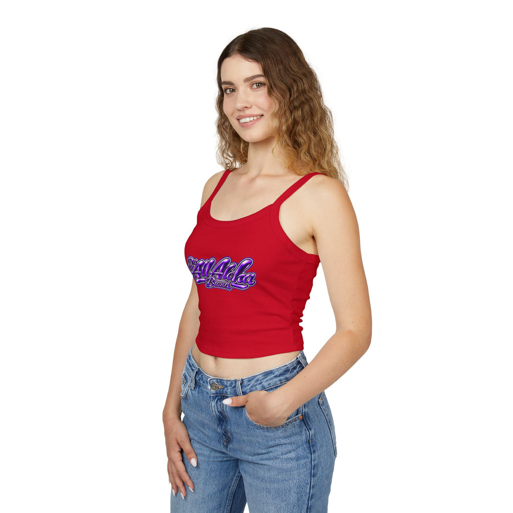 Spaghetti Tank Top — "All Aloha" Purple Script Crop Tank