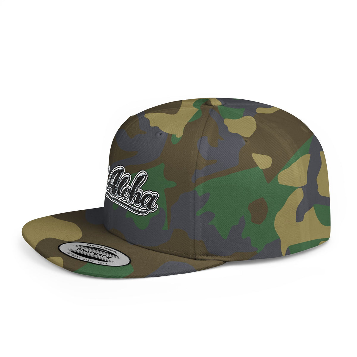 Aloha Script Flat Bill Snapback Hat — White Casual Hawaiian Trucker Cap
