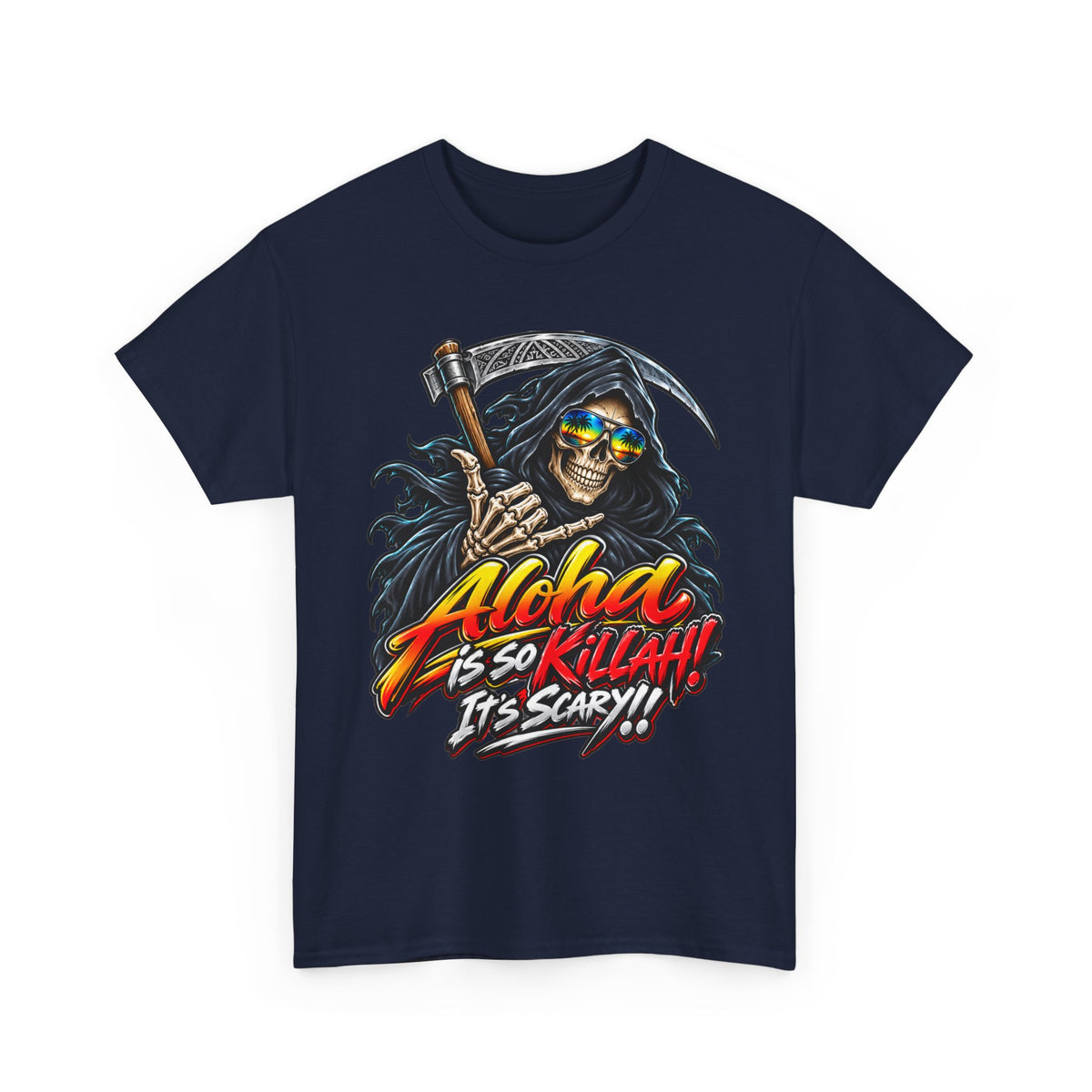 Aloha Is So Killah! Grim Reaper Hawaiian Tee — Skull Surf Scary Graphic T-Shirt