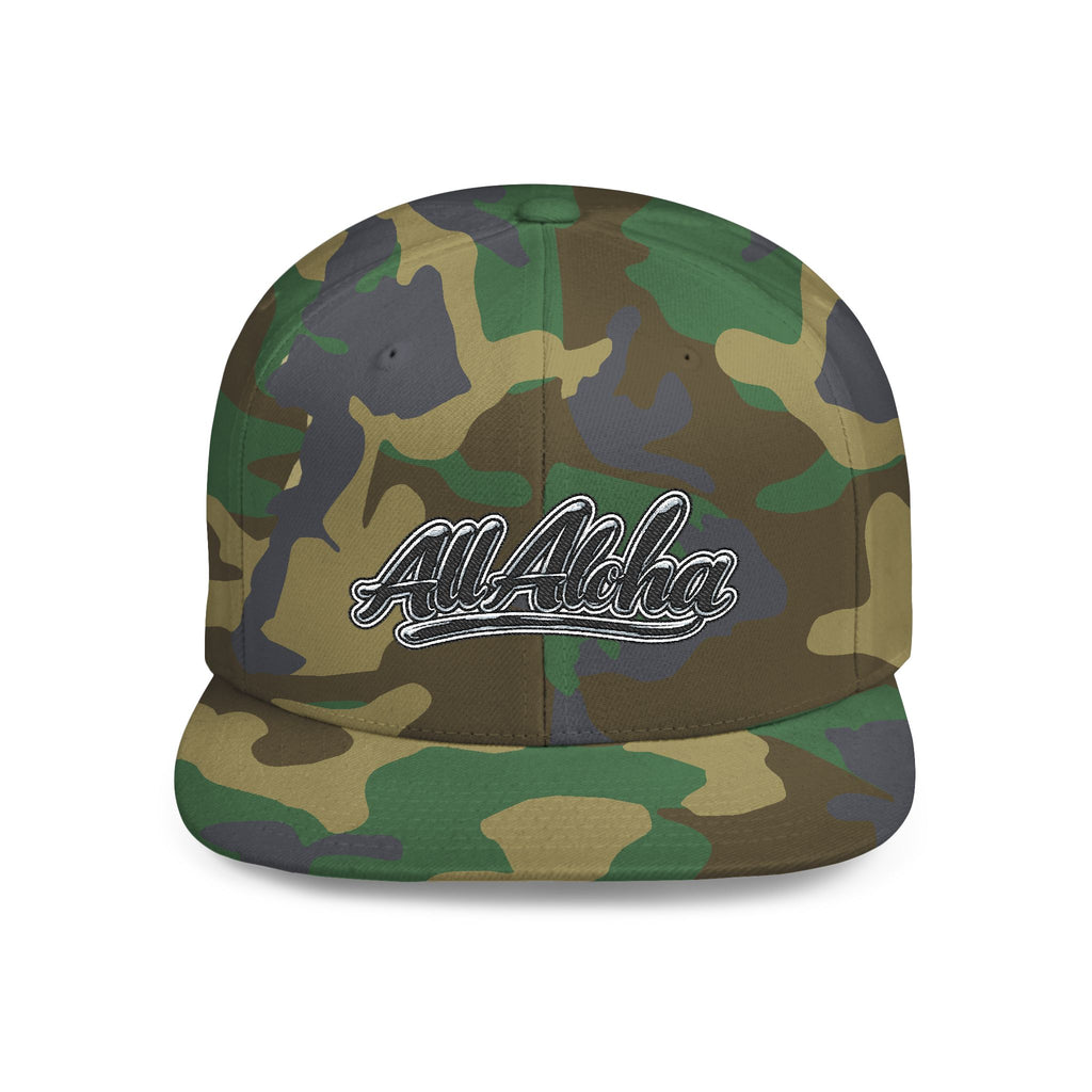 Aloha Script Flat Bill Snapback Hat — White Casual Hawaiian Trucker Cap