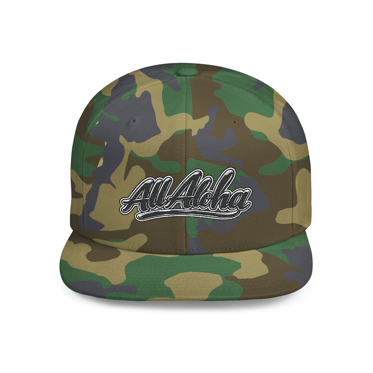 Aloha Script Flat Bill Snapback Hat — White Casual Hawaiian Trucker Cap
