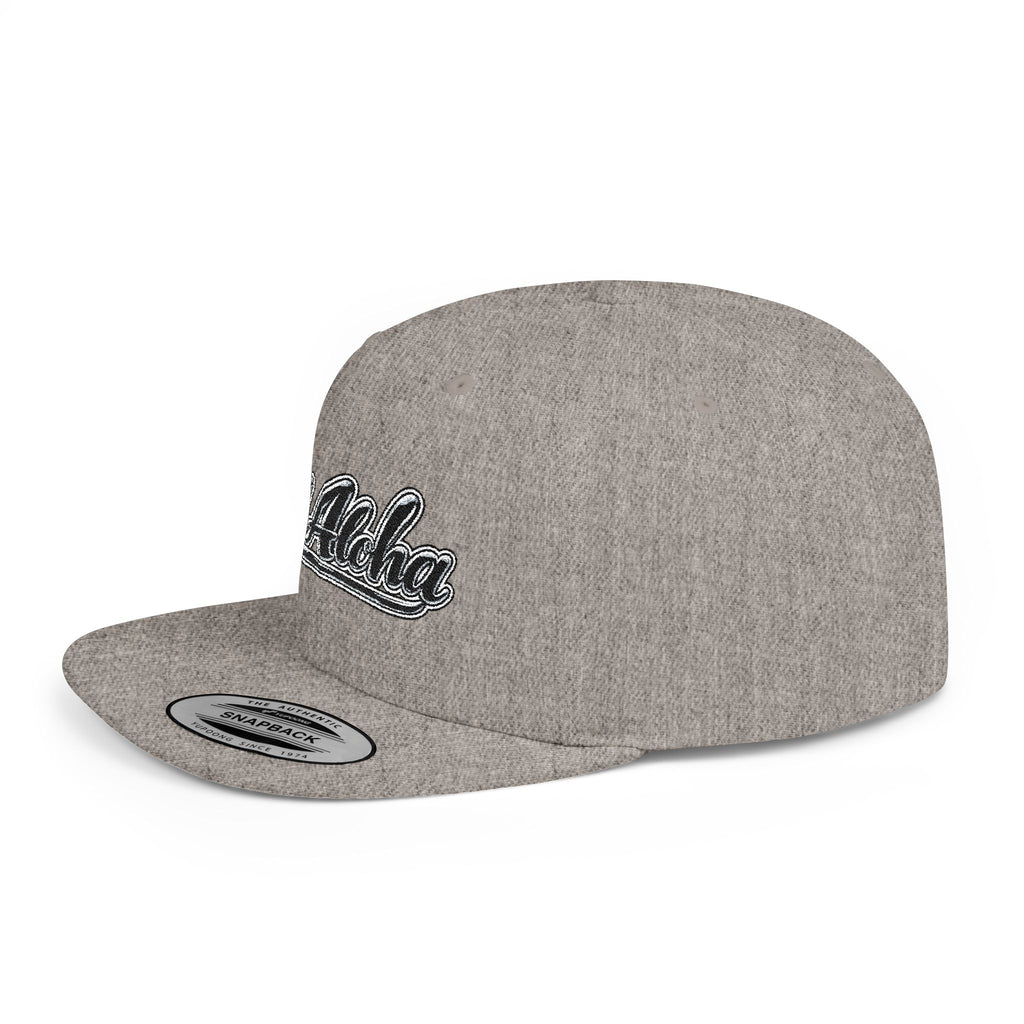 Aloha Script Flat Bill Snapback Hat — White Casual Hawaiian Trucker Cap