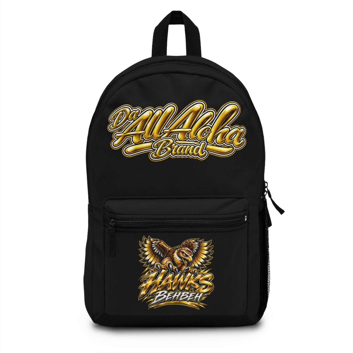 All Acha Brand Gold Script Backpack with Hawk Graphic
