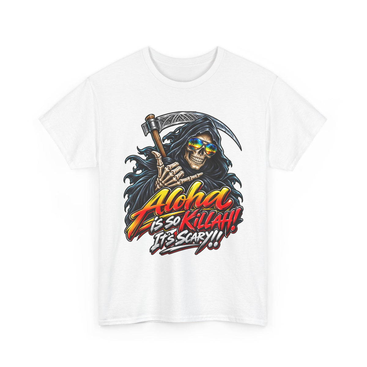 Aloha Is So Killah! Grim Reaper Hawaiian Tee — Skull Surf Scary Graphic T-Shirt
